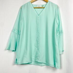 Calvin Klein Blouse Size S Aqua Mint Pastel Bell Sleeve Pearl Trim‎ Work Top Y2k